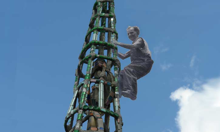 Sam Rodia working on one of the towers - photomontage (Lucien den Arend)