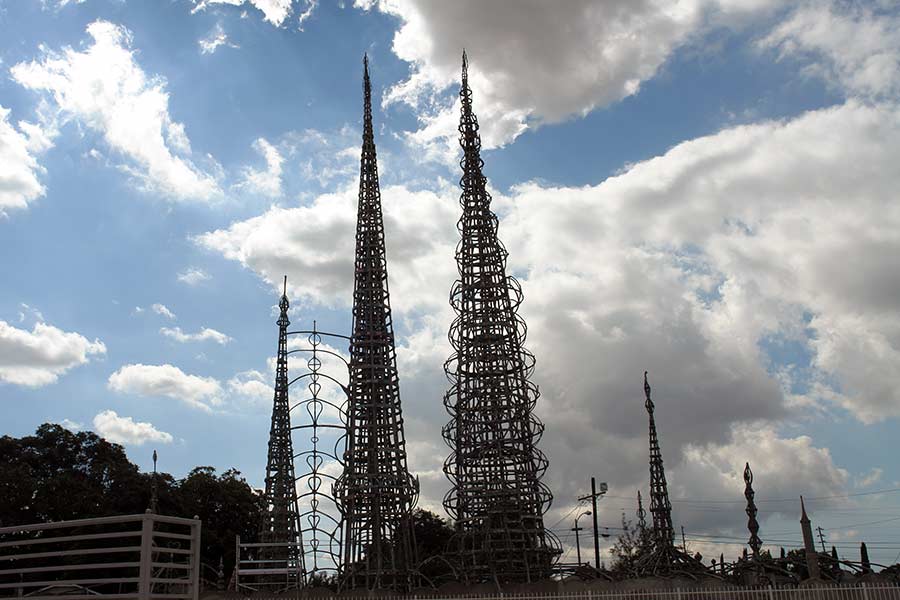 The Watts Towers as seen from the rear of the parcel of land where Sam Rodia had lived and worked in his spare time.