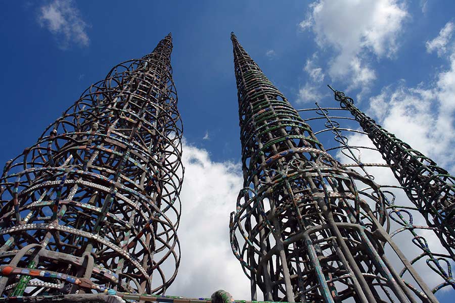 The Watts Towers as seen from the rear of the parcel of land where Sam Rodia had lived and worked in his spare time.