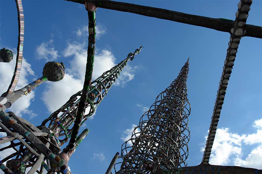 The Watts Towers as seen from the rear of the parcel of land where Sam Rodia had lived and worked in his spare time.