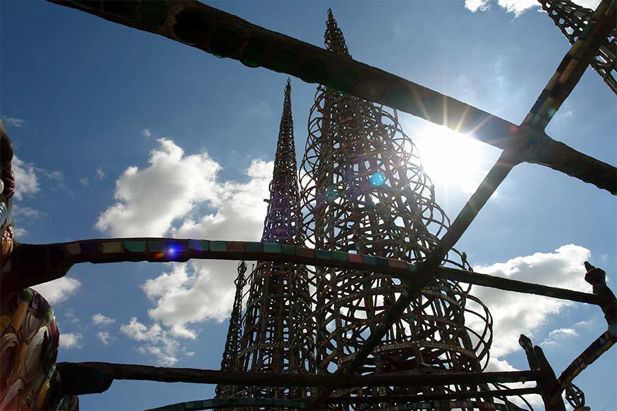 The Watts Towers as seen from the rear of the parcel of land where Sam Rodia had lived and worked in his spare time.